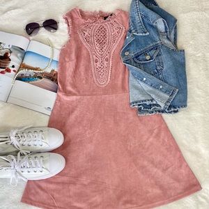 Adorable Pink Sleeveless Suede Dress with Lace